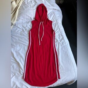 Vibrant Red Hoodie Dress with Stripes